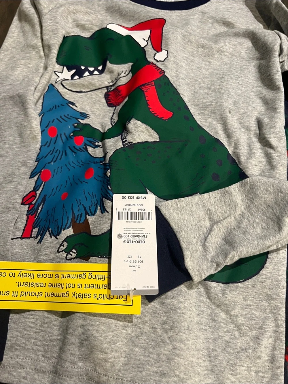 Carters Kids Holiday Dinosaur Pajama Set - Gray & Green size 12